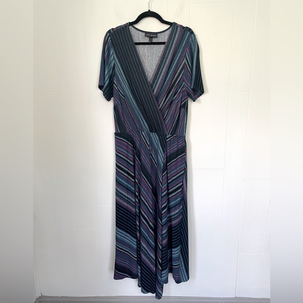 Lane Bryant Wrap Maxi Dress Size 14 16 Teal Striped Pockets Stretch Short Sleeve